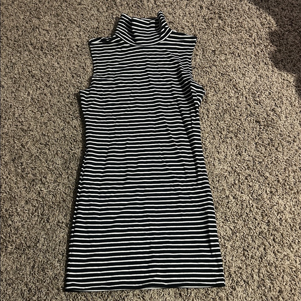 Striped Sleeveless Turtleneck Dress - Black and White
